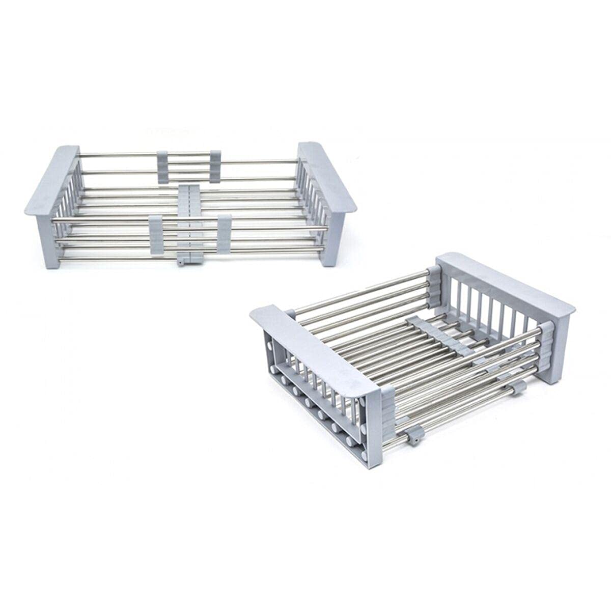 ZodiaK Stainless Steel Retractable Kitchen Sink Rinse Basket, Grey Adjustable Over-The-Sink Dish Drainer Shelf & Vegetable Washing Rack