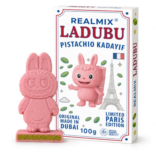REALMIX LADUBU Chocolate de Dubái Directamente Desde Dubái EAU - Auténtica Barra de Chocolate Blanco con Pistachos y Angel Hair - Exquisito Chocolate Dubai (Rosa)