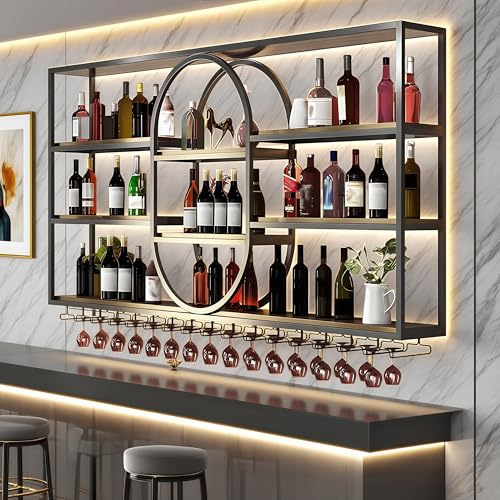 FKKPRVAX Botellero Vino Pared Moderno, portabotellas Colgante de Metal de 4 Niveles con Soporte para Copas, Moderno Estante Flotante para decoración de hogar, Bar, Comedor (Negro, 180CM)