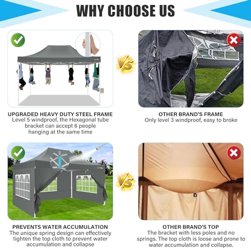 Image of HOTEEL 10x15 Heavy Duty Pop Up Canopy Tent for Parties Event Wedding Commercial Instant Canopy Portable Shelter Folding with Roller Bag, Waterproof UV Resistant, Upgraded Thick Hexagonal Legs, Gray