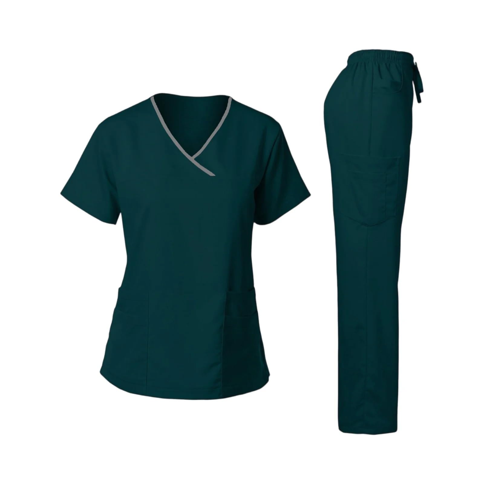 AHUFGN Nurse Scrubs Women Women's Nurse Scrub Set V-Neck Short Sleeve Long Pants Medical Cozy Professional Workwear(Dark Green,L)