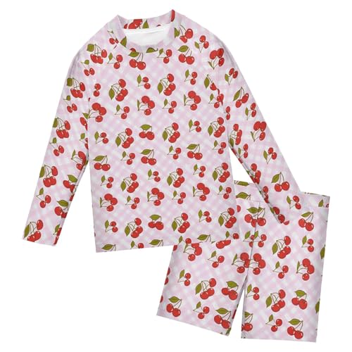 Cherry Fruit Pink Plaid Baby Boys' Toddler Long Sleeved Rashguard Swim Bathing Suit Set B0404713