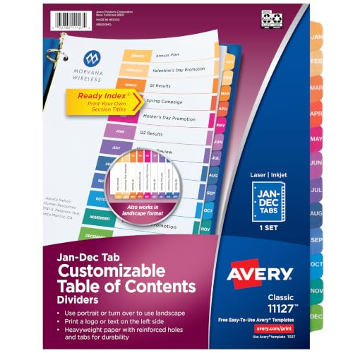 Avery Jan-Dec Dividers for 3 Ring Binders 12 Tabs per Set Customizable Table of Contents Multicolor Tabs Great for Organizing Reports Projects and More (11127)