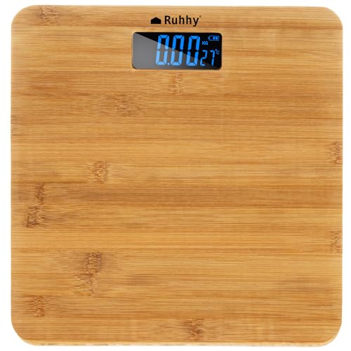 Ruhhy Báscula para personas de hasta 180 kg con pantalla LCD de bambú – Báscula digital – Sensores de alta precisión – Apagado automático 22522