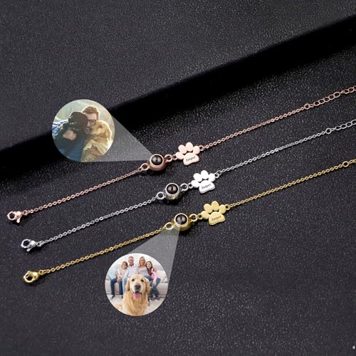 Pekdi Personalisiertes Armband mit Pfotenabdruck, Armband mit Bild Hund Katzen Pfoten Fotoanhänger gravierter Name 925er Sterlingsilber Schmuck zum Gedenken an Haustiere Geschenk zum Muttertag