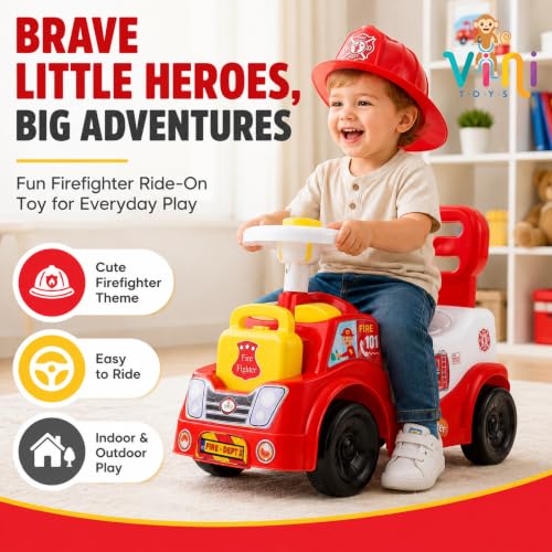 Image of Fire Fighter Ride On Toy for Kids 2-5 Years with LED Lights, Fire Truck Siren, Front & Rear Storage, Foot to Floor Ride On Car with Comfortable Backrest, Ride On Car for Boys & Girls