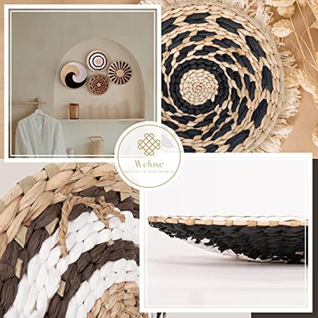 Wall Basket Decor Set of 4 - Black, Brown & White - Woven Macrame Wall Baskets - Hook Attached for EASY Hanging - Boho Wall Decor for Farmhouse Style - Rattan baskets