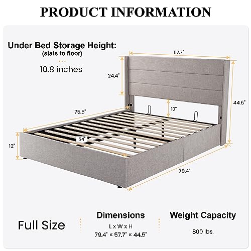 SHA CERLIN Full Size Lift Up Storage Bed/Modern Wingback Headboard/Upholstered Platform Bed Frame/Hydraulic Storage/No Box Spring Needed/Wood Slats Support/Light Beige