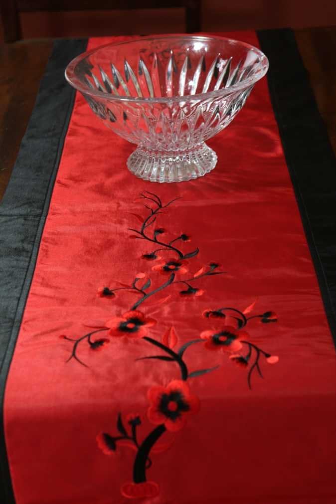 Silk Embroidered Table Runner Red Plum Blossom Made in