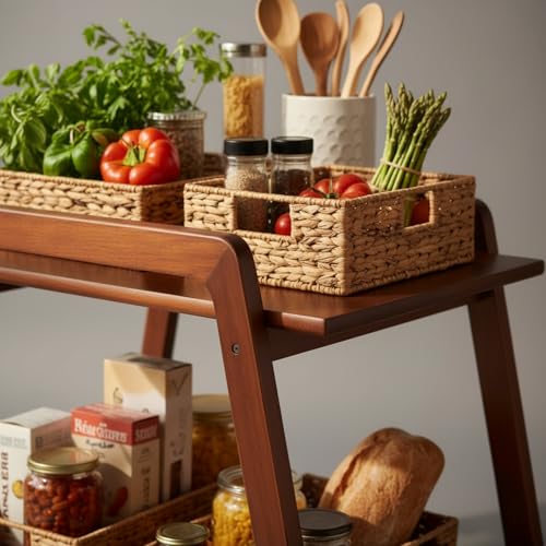 Image of Multipurpose Wood Trolley Storage Organiser and Kitchen Supplies Fruits, Vegetables, Onions, Cutlery, and a Trapezoid-Shaped Kitchen Storage Rack with 2 Layers Walnut Color