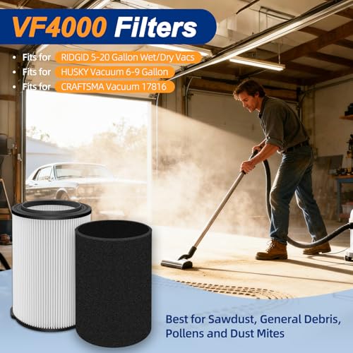 Image of VF4000 Filter Replacement for Ridgid Shop Vac 5-20 Gallon Wet Dry Vacuum, for Husky 6-9 Gallon Vacuum, 3 Pack Standard Vacuum Filters + 6 Pack Foam Sleeve + 1 Cleaning Brush, 72952