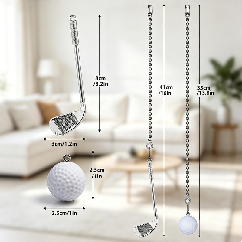 Image of 2pcs Ceiling Fan Pull Chain Ornament, 12 inch Ball Chain Golf Ball Set Fan Light Pulls for Kid Room Decorative Extension,Sliver Chain