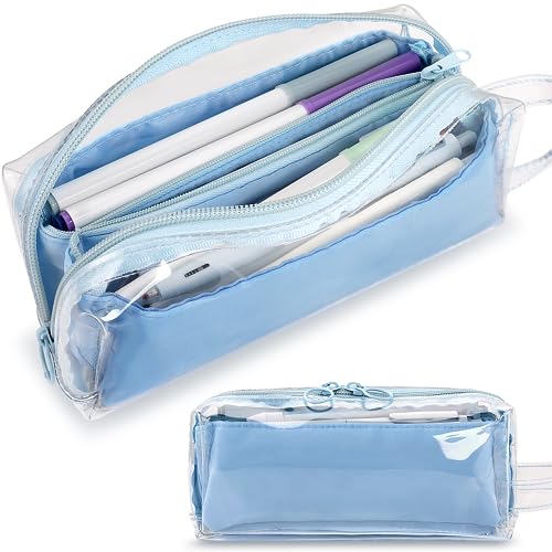Sooez Pencil Pouch for Girls, Large Clear Pen Bag Pencil Case with Zipper, Cute Marker Pouch Wide-Opening, Compact Stationery Organizer, Makeup Bag for School Adult Girls Travel Office, Blue