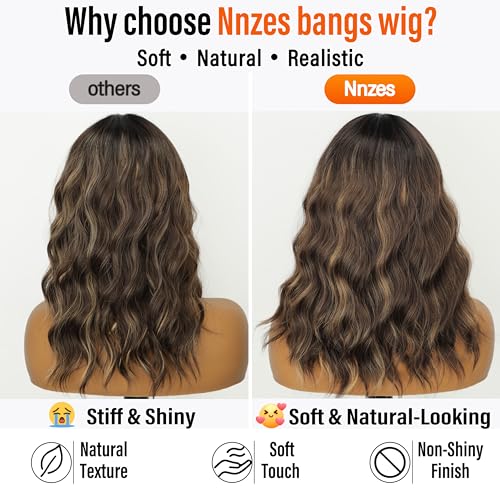 Image of Nnzes Short Wavy Bob Wig with Bangs for Women Shoulder Length Curly Soft Medium Brown with Blonde Highlights Synthetic Heat-Resistant Fiber Hair for Daily & Party Use