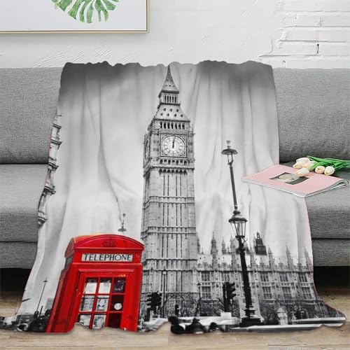 PHQAZWSXE 3D Imprimé London Landmark Couverture Microfibre Literie Douce Chaude Historic Architecture Plaid Confortable Respirant Toutes Saisons pour Adultes...