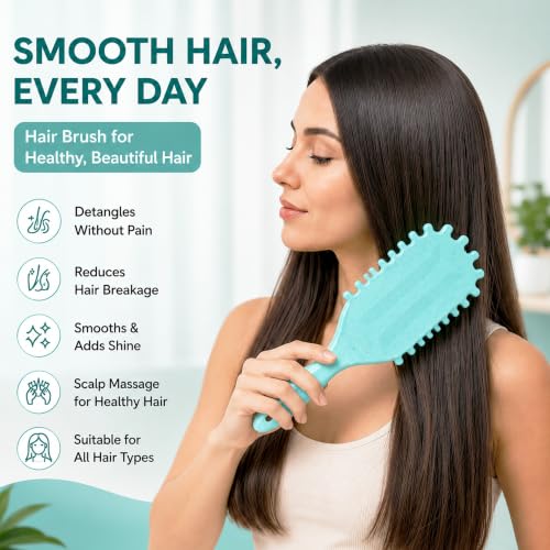 Image of GLUN Unisex Detangling Head Hair Brush, Turquoise Colour 1 Piece, Anti-Static Scalp Massage Brush, Soft Flexible Bristles, Smooth Styling Hairbrush for Wet & Dry Hair
