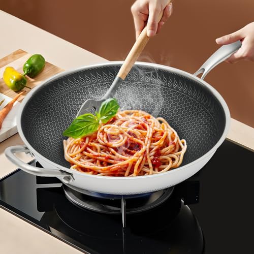 Wok pan de acero inoxidable 13.4 pulgadas antiadherente