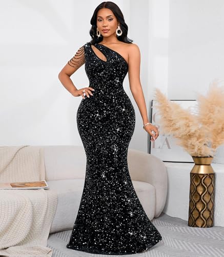 Cololura Women Sequin Elegant Sexy One Shoulder Tassel Mermaid Bodycon Cocktail Evening Dress4