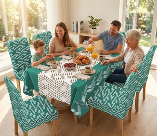 Image of Styleys Dining Chair Cover with Table Covers for Kitchen Waterproof Dining Table Cloth (1 Table Cover + 6 Chair Cover, Green Abstract, K732)