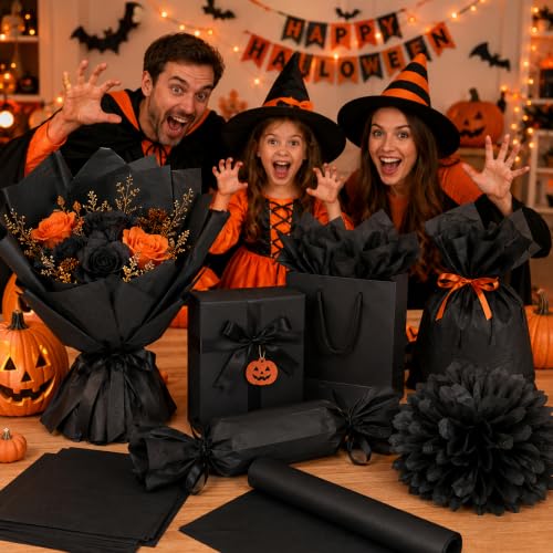 Image of Black Tissue Paper - 100 Sheets Gift Wrapping Paper for Halloween Decor | Halloween Decorations for Gift Bags Boxes - Gift Wrapping Tissue Paper Bulk for DIY Crafts Birthday |Halloween Party Supplies