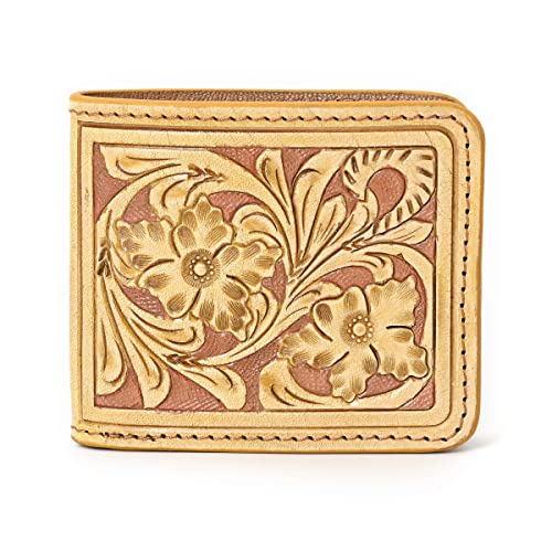 Illy Genuine Full Grain Leather Handtooled Hipster Wallet Floral Bi-Fold, Credit Card