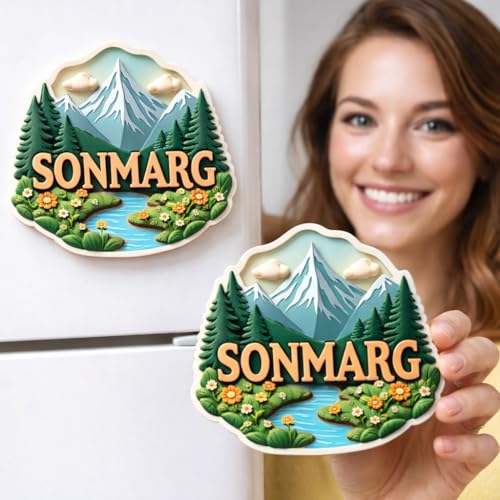 Image of Naxon Sonmarg Theme Souvenir Wooden Fridge Magnet | Meadow of Gold Snow Mountains & Valley Design 3x3 Inch Refrigerator Magnet for Kitchen & Home Decor | Travel Gift from Sonmarg | Pack of 1