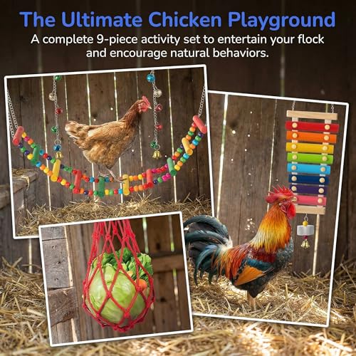 Image of Complete Chicken Toys Set of 9 - All-in-One Chicken Coop Accessories with Xylophone, Swing, Chicken Mirror, Ladder, Vegetable String Bag & Hanging Feeder Coop Toy for Happy Hens