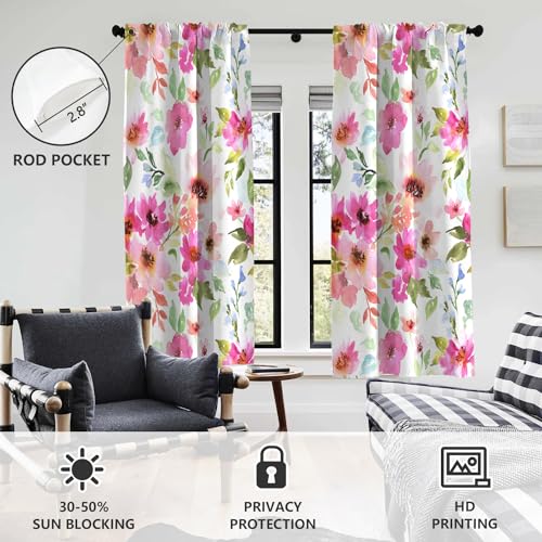Aatter Pink Floral Window Curtain Colorful Flowers Spring Kids Girls Women Boho White Green Blue Plant Botanical Leaf Living Room Bedroom Window Drapes Treatment Fabric 1 Pair thumb #2