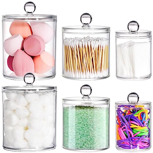 YOUEON 6 Pack Acrylic Apothecary Jars with Lids, 32/20/10 Oz Clear Cotton Ball & Pad Holder, Bathroom Canister Candy Jar for Bath Salt, Cotton Pads, Candies