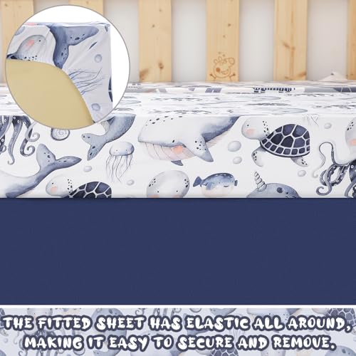 Image of Hahafelt 3 Pcs Baby Crib Bedding Set Under The Sea Ocean Nursery Nautical Crib Set Includes Ocean Quilt, Fitted Sheet, Skirt for Baby Boy Girl(Blue)