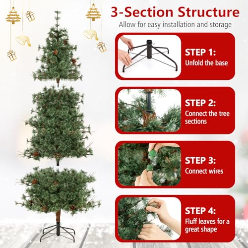 Image of Goplus 7 FT Pre-Lit Artificial Christmas Tree, Cashmere Xmas Tree with 502 Pine Needles, 300 Warm White LED Lights with Bulb Cover, Natural Pine Cones, Foldable Metal Stand, Home Office Decoration