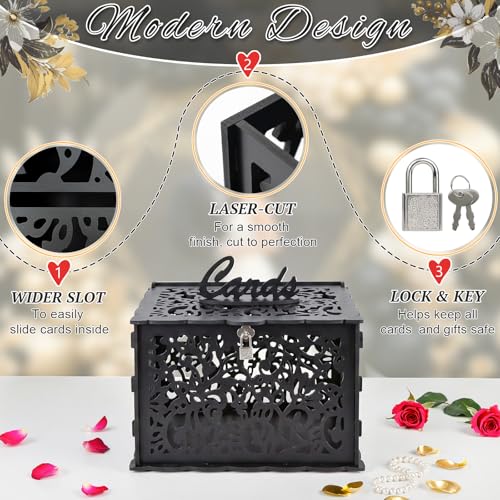Image of Wedding Card Box with Lock, Black Card Box for Wedding Reception Decorations, Wedding Box for Cards and Money, PVC Envelope Gift Card Box for Party Graduation Baby Shower Birthday Decor