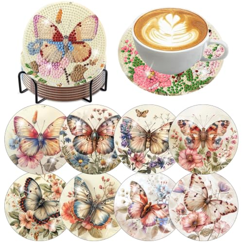 8 Pack Butterfly Diamond Art Coasters Kit for with Holder & Cork Backing