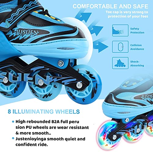 Jusuen Adjustable Inline Skates For Kids With Light Up Wheels, Indoor And Outdoor Patines Roller Blades Skates For Girls And Boys Youth -Blue Medium(2-5Us) #TOP3