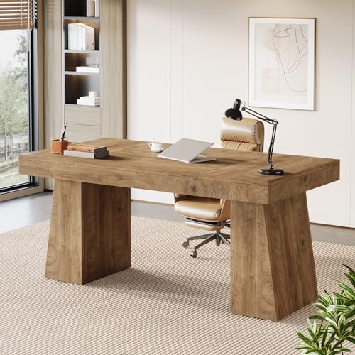 Image of Tribesigns 55-Inch Executive Desk, Thick Wood Office Computer Desk with Double Pedestal, Modern Minimalist Workstations Writing Table Conference Table Furniture for Home Office, Brown