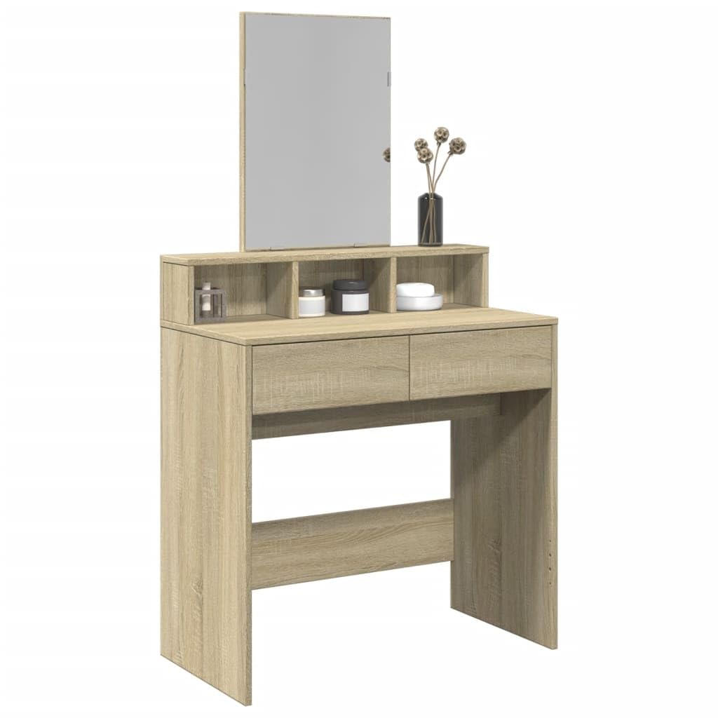 Schminktisch mit Spiegel Sonoma-Eiche Holzwerkstoff 80x41x144,5 cm mit 2 Schubladen und 3 Fächern Stauraum für Schlafzimmer und Ankleidezimmer Makeup und Pflege