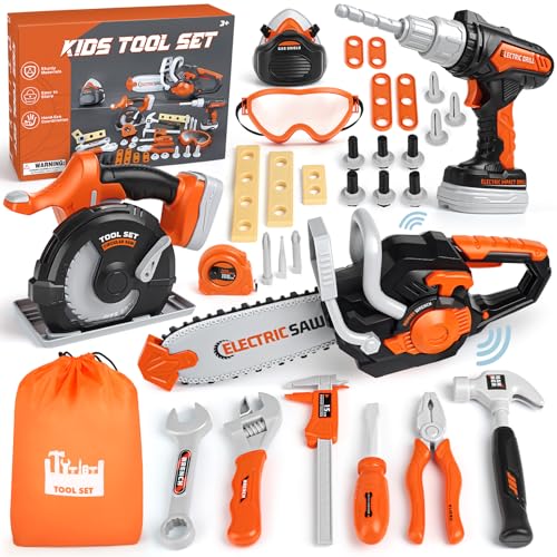 Kids Tool Set – Pretend Play Construction Toys for 3 4 5 Year Old Boy Gifts, Preschool Learning Tool Set with Electronic Drill/Chainsaw Toy/Circular Saw, Toddler Take Apart Stem Toys for Kid 3-5