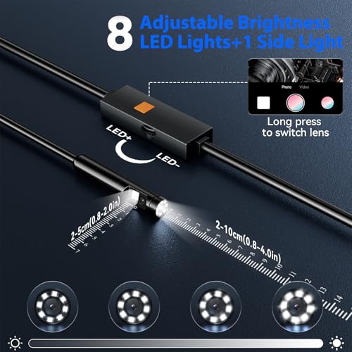Cámara Endoscópica con Luz, Lentes Dobles 1920P HD Borescopio con 8+1 Luces LED Ajustables, Cable Semi-rígido de 16.4FT, Resistente al Agua IP67 Compatible con iPhone, iPad, iOS y Android miniatura 3