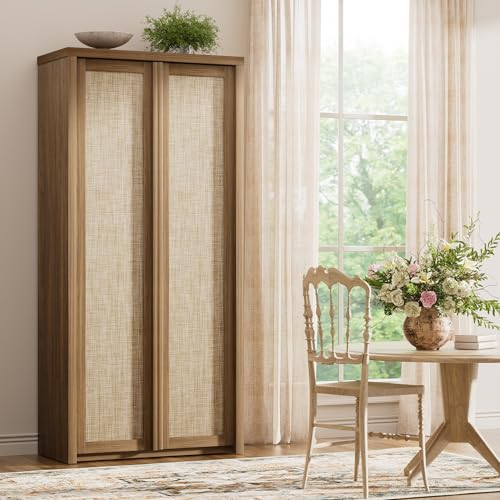 Yechen 67 Tall Kitchen Pantry Cabinet Rattan Storage Cabinet with Solid Wood Integrated Handleand Adjustable Shelves Cupboard with Doors for Livingroom Bathroom Dining Room Natural Walnut