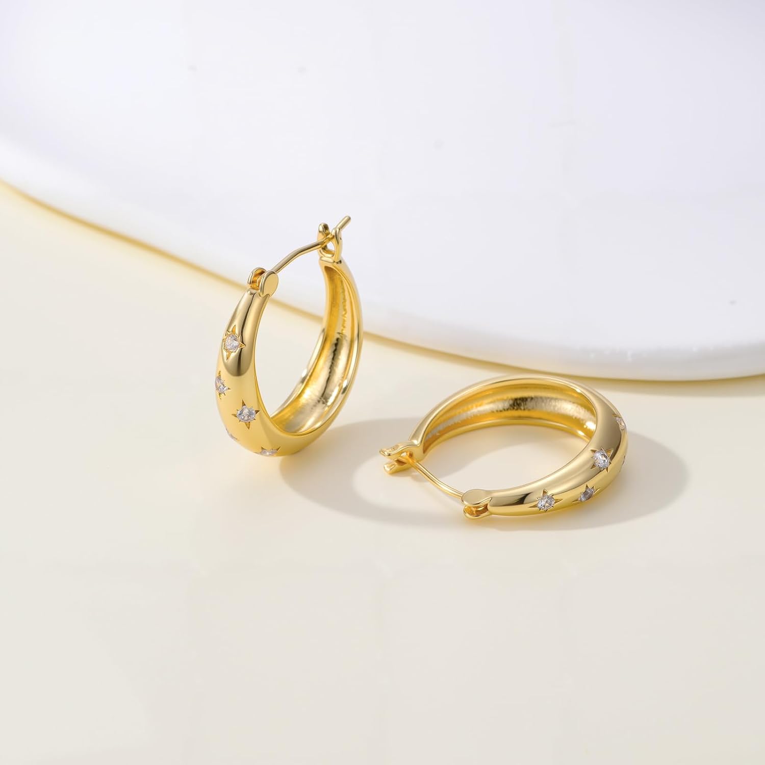 Gold Hoop Earrings for Women 14K Gold Earrings for Women Hoop Earring for Women Hoops with Cubic Zirconia Star Design Radiating Enchanting Sparkle Chunky Hoops Earring for Women Trendy 23mm - Image 5