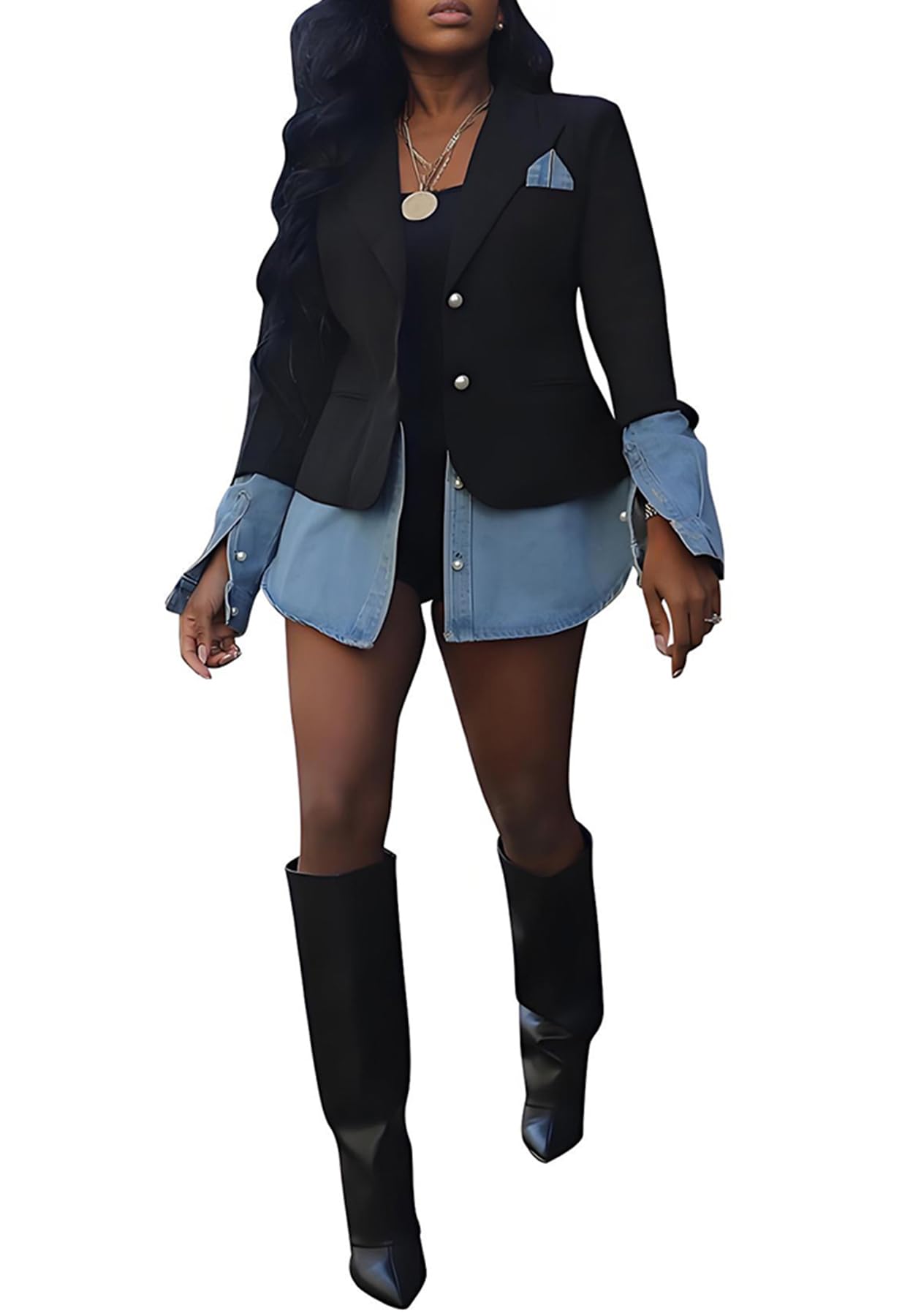 Womens Casual Blazers Fall Trendy Lapel Collar Denim Patchwork Long Seelves Slim Fit Work Office Suit Jacket