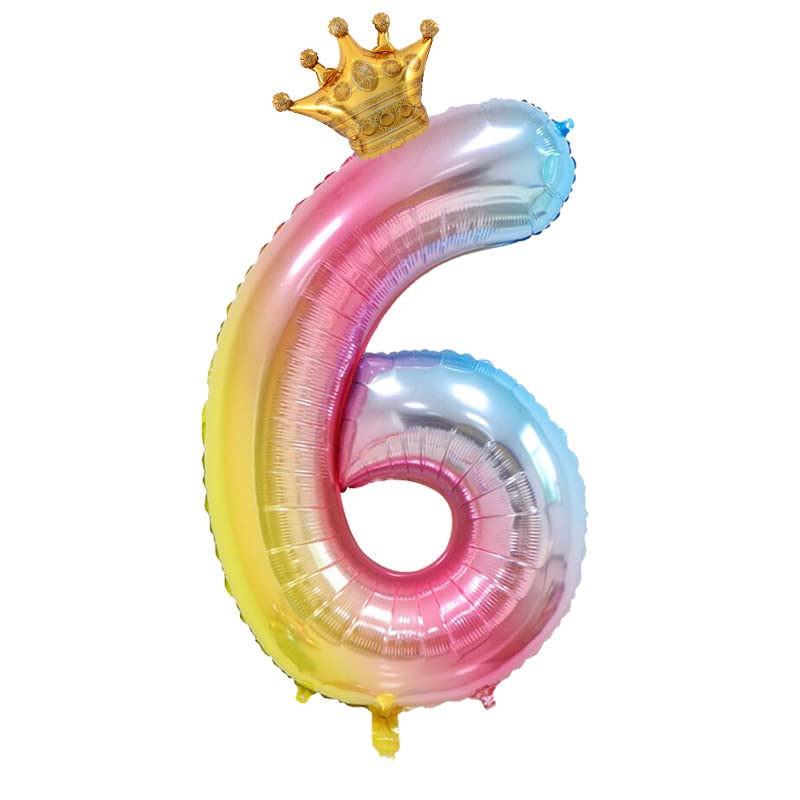 iTellker Number 6 Balloon, 40 Inch Number Balloon 6 with Crown, Big Size Gradient Foil Happy Birthday Number Balloons for 6th Birthday Party, Anniversary Decorations Party Supplies (Number 6)