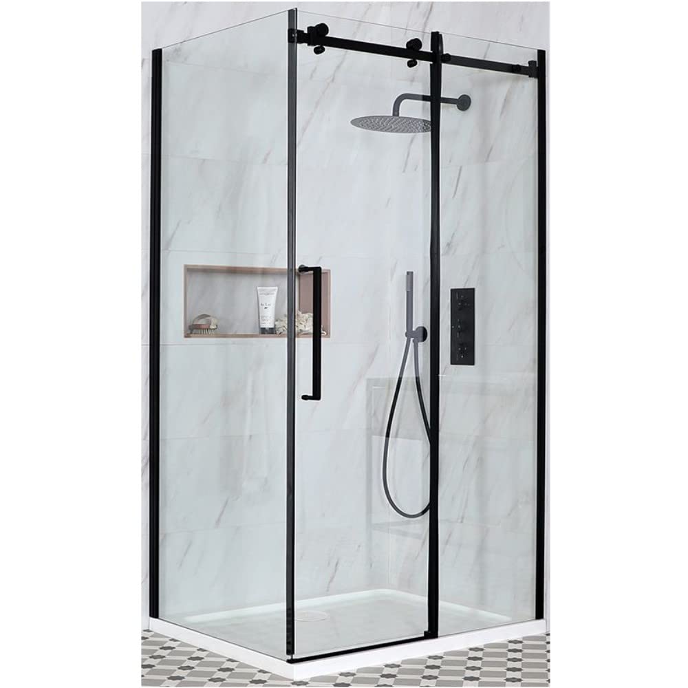 Milano Black/White Nero Corner Frameless Sliding Door Shower Enclosure Tray - 1400Mm X 800Mm