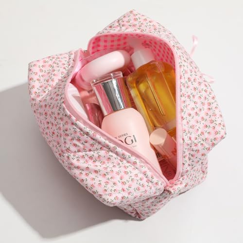 Quilted Makeup Bag, Floral Cosmetic Bag Cute Handmade Aesthetic Pink Toiletry Bag Flower Coquette Accessories Cotton Pouch for Women2