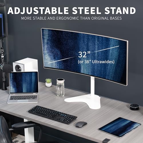 Image of VIVO Single Monitor Desk Stand, Holds Screens up to 32 inch Regular and 38 inch Ultrawide, Freestanding VESA Steel Mount Base, Adjustable Height, Tilt, Swivel, Rotation, White, STAND-V001HW