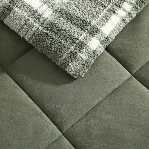 Image of Eddie Bauer - King Comforter Set, Solid Microsuede Bedding with a Plaid Ultra-Plush Faux Shearling Reverse, 3 Piece Bed Set with Matching Pillowcases (Big Lake Plaid Green, King)