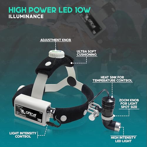 Image of OTICA 10W ENT Surgical LED Headlight High-Intensity Medical Headlamp for Doctors Hospital Dental Portable Rechargeable Headlight (Brightness, Spot Size Control + Dual Detachable Battery) - White