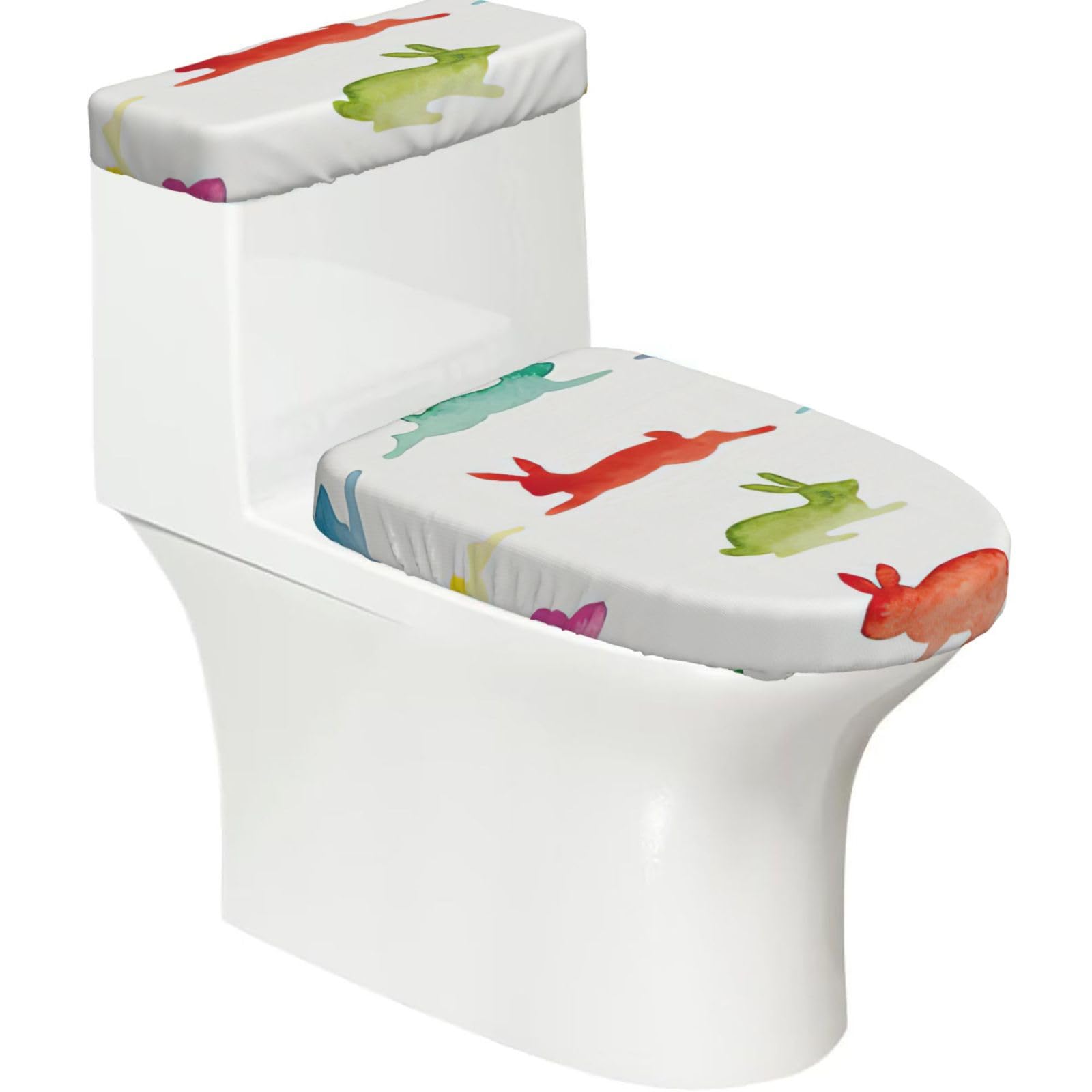 Rainbow Rabbit Print 2-Piece Stretch Toilet Cover Set, Elastic Breathable Toilet Seat and Tank Lid Protector