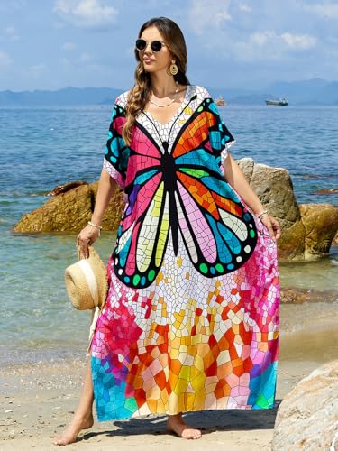 Image of sunforyou Kaftan Dresses for Women Plus Size Lightweight Swimsuit Cover up Batwing Sleeve Print Loungewear Beach Robe
