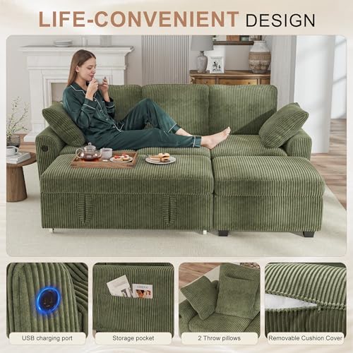 Image of Hanherry 81 inch Sectional Couch with Pull Out Bed,3 Seat Corduroy Sleeper Sofa with Storage Ottoman & USB Charging,Comfy L Shaped Modular Couches for Living Room,Apartment